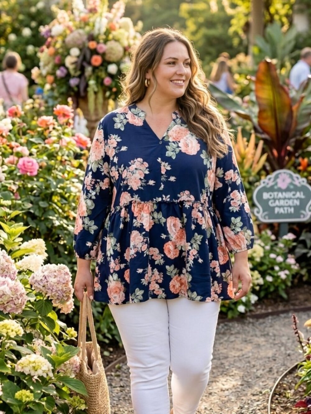 SHEIN Curve Boho Floral Peplum Blouse Navy Pink Top Plus 5XL (Fits As 3XL)